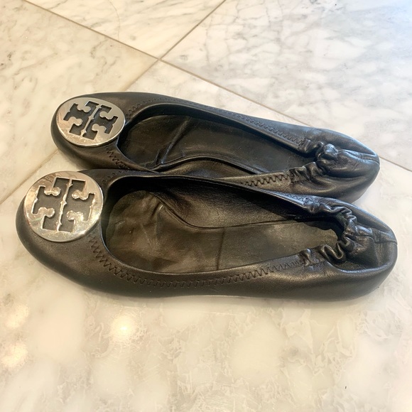 Tory Burch Minnie Travel Leather Ballet Flats Black & Silver 8.5 - Picture 4 of 8